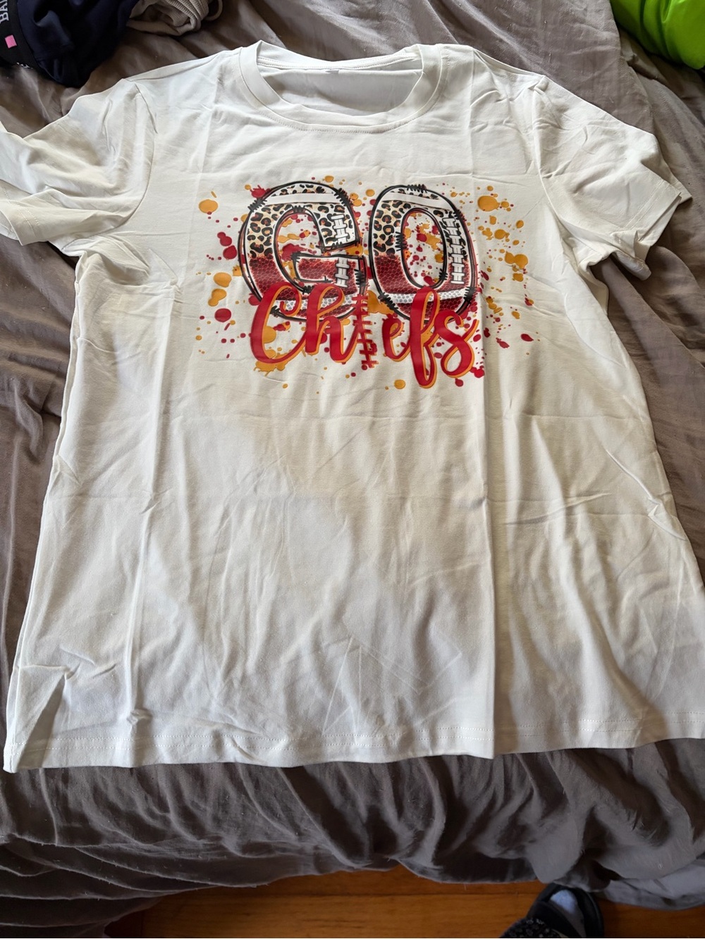 White Short Sleeve Graphic Tee with Red & Orange '90 Chiefs' Design
